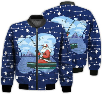 FUNSTUFFPRINTI Merry Christmas Santa Claus Fishing On Lake Retro Christmas Holiday Gifts Unisex 3D Bomber Jacket