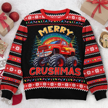 FUNSTUFFPRINT Custom Merry Crushmas Monster Truck Christmas For Kids Ugly Sweater