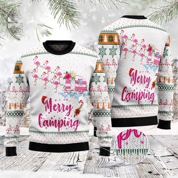 FUNSTUFFPRINT Merry Camping Flamingo Ugly Christmas Sweater, Christmas Sweater, Ugly Sweater, Funny Xmas Sweaters Ugly Sweater