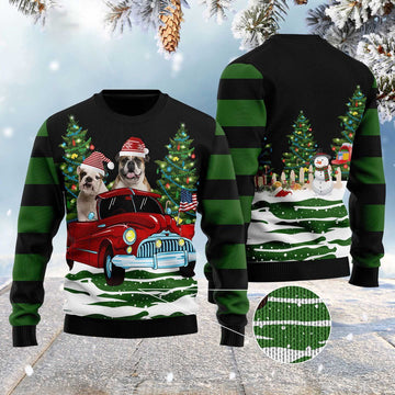 FUNSTUFFPRINT Merry Christmas Bulldog Ugly Christmas Sweater, Dog Ugly Christmas Sweater, Ugly Dog Sweaters Ugly Sweater