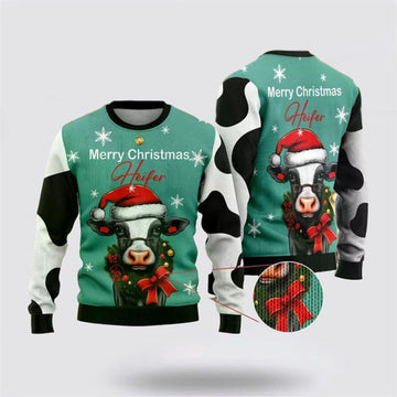 FUNSTUFFPRINT Merry Christmas Heifers Ugly Christmas Sweater, Farm Sweater, Christmas Gift, Best Winter Outfit Christmas Ugly Sweater