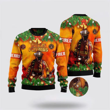 FUNSTUFFPRINT Merry Firemas Firefighter Bulldog Ugly Christmas Sweater – Christmas Gifts For Firefighters Ugly Sweater