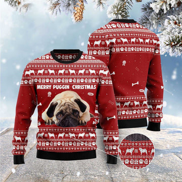 FUNSTUFFPRINT Merry Puggin Christmas Ugly Christmas Sweater, Dog Ugly Christmas Sweater, Ugly Dog Sweaters Ugly Sweater