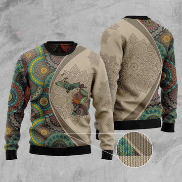 FUNSTUFFPRINT Michigan Mandala Funny Ugly Christmas Sweater, Christmas Sweater, Ugly Sweater, Funny Xmas Sweaters Ugly Sweater