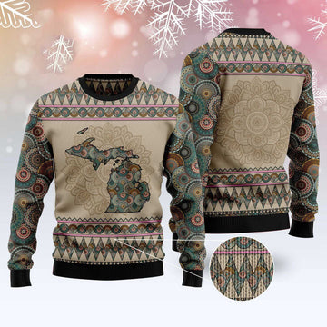 FUNSTUFFPRINT Michigan Mandala Ugly Christmas Sweater, Christmas Sweater, Ugly Sweater, Funny Xmas Sweaters Ugly Sweater
