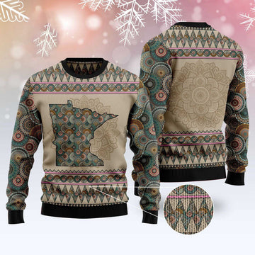 FUNSTUFFPRINT Minnesota Mandala Peace Ugly Christmas Sweater, Christmas Sweater, Ugly Sweater, Funny Xmas Sweaters Ugly Sweater