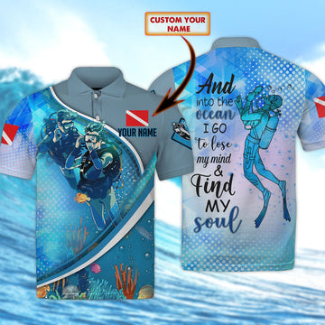 FUNSTUFFPRINT Scuba Diving And Into The Ocean I Go - Personalized Name - 3D Polo Shirt