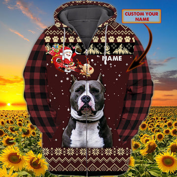 FUNSTUFFPRINT Xmas Pitbull - Personalized Name 3D Hoodie and Zip Hoodie