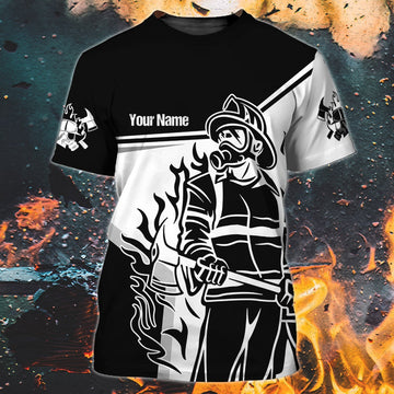 FUNSTUFFPRINT Custom Name Black Sublimation Fire Men Shirt, Firefighter Job T-Shirt, Firefighter Husband Gifts 3D T-shirt
