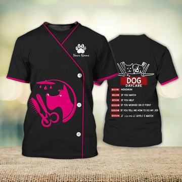 FUNSTUFFPRINT Custom Dog Groomer 3D Shirt Men Women Dog Day Care Groomer Pet Groomer Uniform Pink Salon 3D T-shirt