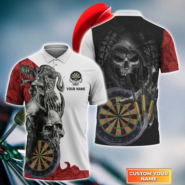 FUNSTUFFPRINT Personalized Name Dartboard Skull 3D Polo Shirt For Darts Player