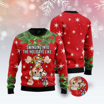 FUNSTUFFPRINT Monkey Swing Into The Holiday Ugly Christmas Sweater, Christmas Sweater, Ugly Sweater, Funny Xmas Sweaters Ugly Sweater