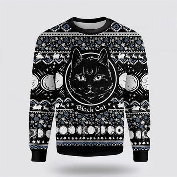 FUNSTUFFPRINT Moon Phase Cute Cat Christmas Wicca Ugly Christmas Sweater For Men And Women, Best Gift For Christmas, Christmas Fashion Winter Ugly Sweater