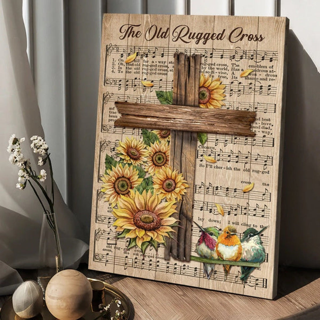 Music Sheet Colorful Hummingbird Sunflower The Old Rugged Cross Canvas Wall Art - Christian Wall Posters - Religious Wall Decor