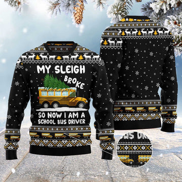 FUNSTUFFPRINT My Sleigh Broke So Now I Am A School Bus Driver Ugly Christmas Sweater, Christmas Sweater, Ugly Sweater, Funny Xmas Sweaters Ugly Sweater