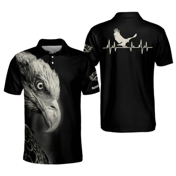 Custom Eagle American Black And White Heartbeat Polo Shirt, Personalized Independence Day Polo Shirt