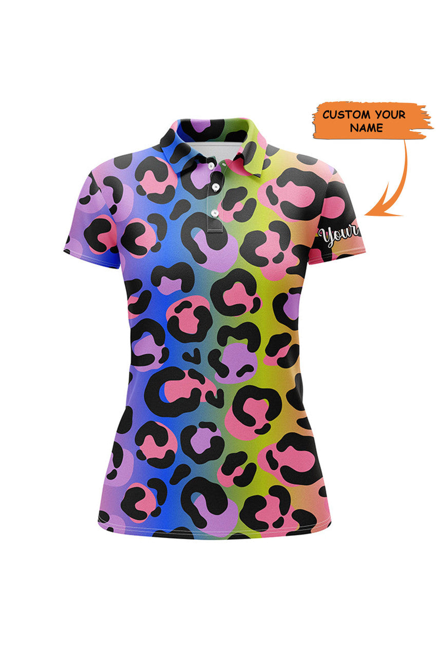 Custom Neon Rainbow Leopard Womens Golf Polo Shirts Custom Name Gift For Golf Lovers