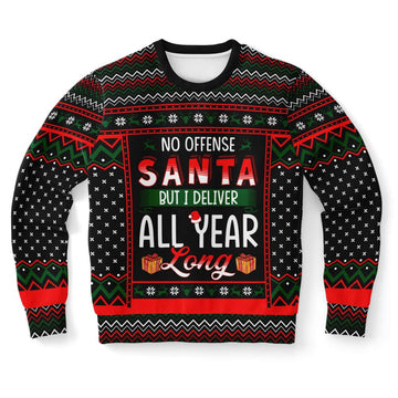 FUNSTUFFPRINT No Offense Santa But I Deliver All Year Long Postman Ugly Christmas Sweater, Christmas Sweater, Ugly Sweater, Funny Xmas Sweaters Ugly Sweater