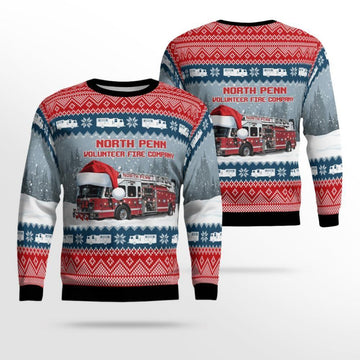 FUNSTUFFPRINT North Penn Volunteer Fire Co Ugly Christmas Sweater – Christmas Gifts For Firefighters Ugly Sweater