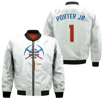 FUNSTUFFPRINT Nuggets Michael Porter Jr 1 2020-21 Earned Edition White Jersey Inspired Style 3D Bomber Jacket