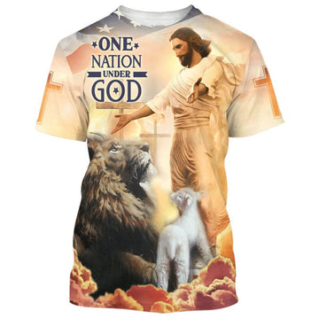 FUNSTUFFPRINT One Nation Under God Shirts - Jesus Lion Of Judah Lamb Of God Christian 3D T-shirt