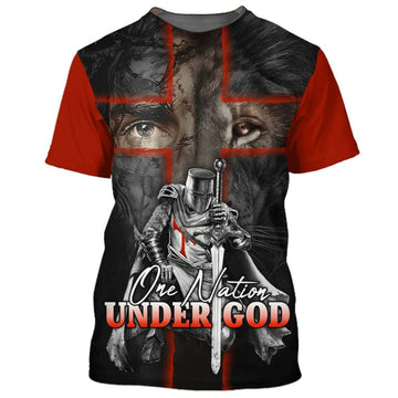 FUNSTUFFPRINT One Nation Under God Shirts - Warrior And Lion Cross Christian 3D T-shirt