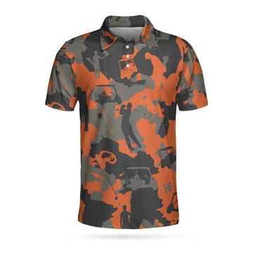 Orange Camouflage Golf Polo Shirt, Golfer Silhouette Pattern Polo Shirt, Camo Golf Shirt For Men
