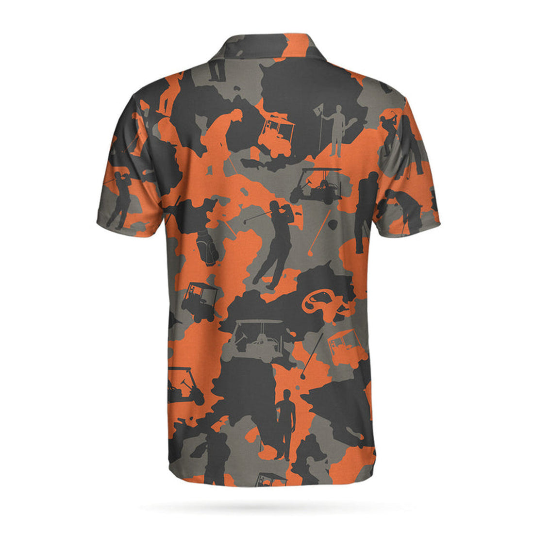 Orange Camouflage Golf Polo Shirt, Golfer Silhouette Pattern Polo Shirt, Camo Golf Shirt For Men