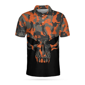 Orange Camouflage Golf Set Skull Golf Polo Shirt, Golfer Silhouette Pattern Polo Shirt, Camo Golf Shirt For Men