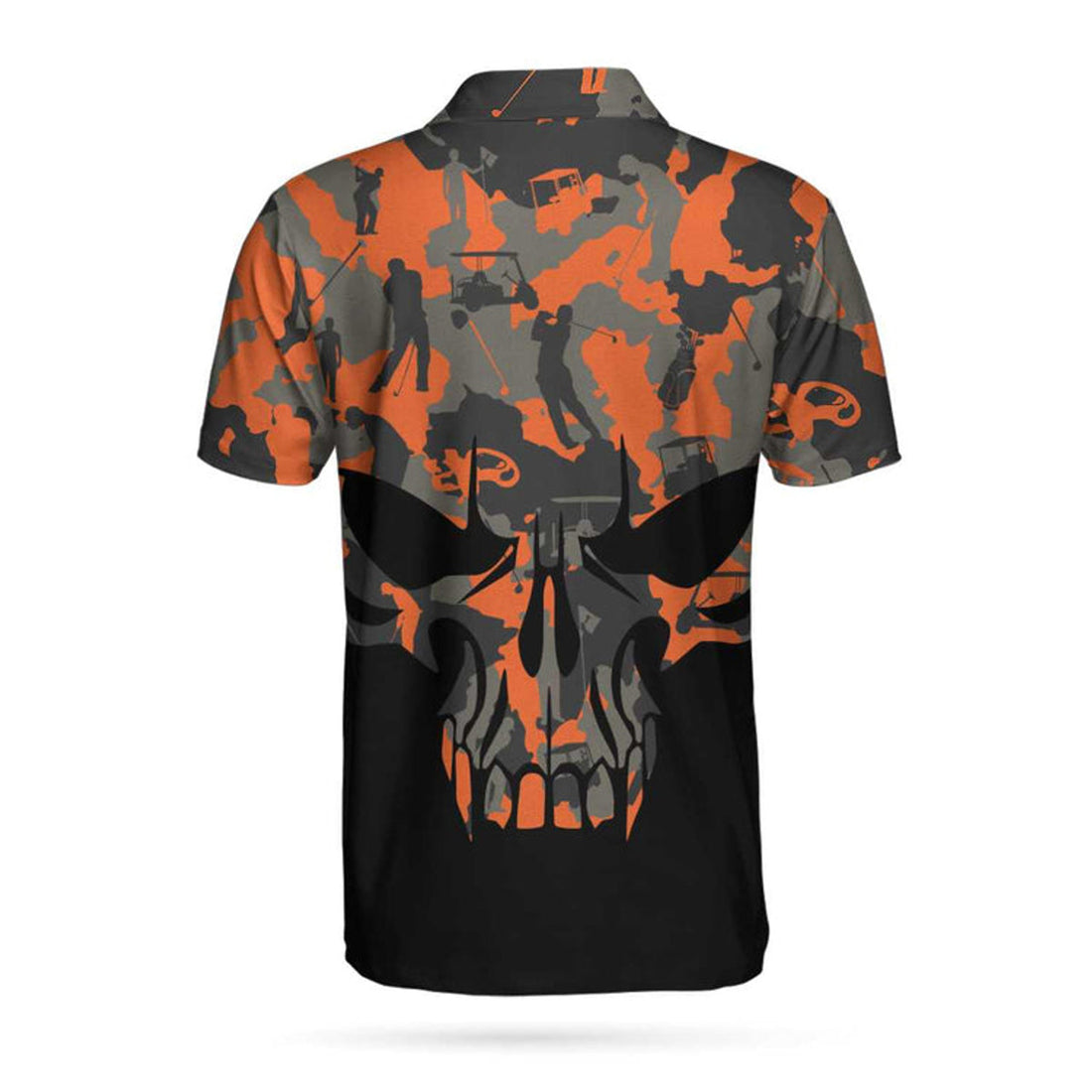Orange Camouflage Golf Set Skull Golf Polo Shirt, Golfer Silhouette Pattern Polo Shirt, Camo Golf Shirt For Men