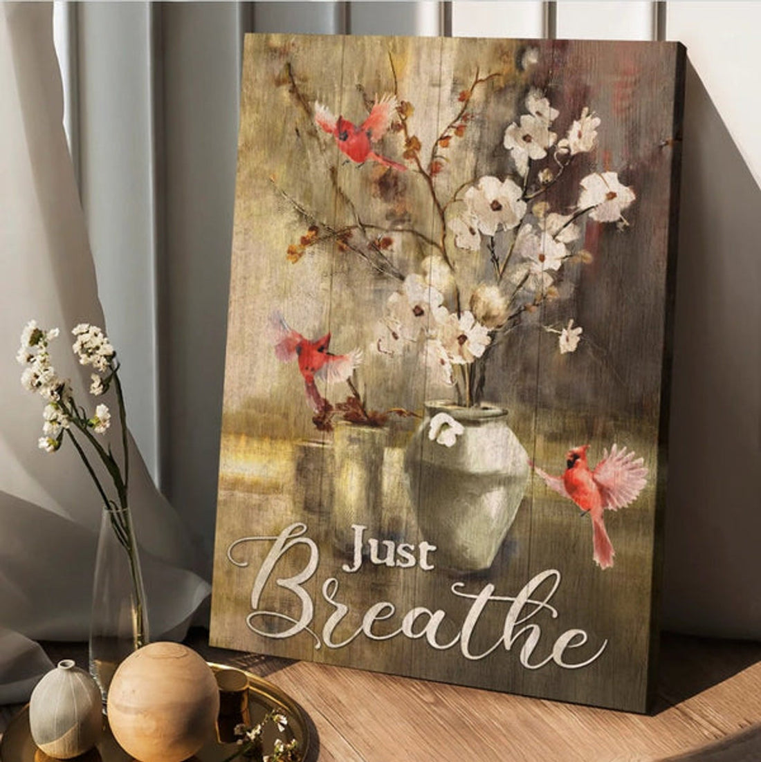 Paper Flower Painting Red Cardinal Just Breathe Canvas Wall Art - Christian Poster - Religious Wall Decor