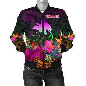FUNSTUFFPRINT Papua New Guinea Personalised Women's Bomber Jacket - Summer Hibiscus - 3D Bomber Jacket