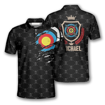 Custom Archery Skull Pattern Crown Emblem Custom Archery Polo Shirts for Men, Uniform Archery Shirt