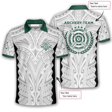 Custom 3D All Over Print Tribal White Green Custom Archery Polo Shirts For Men
