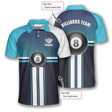 Custom 3D All Over Print Billiard 8 Ball Gradient Light Blue Custom Billiard Polo Shirts for Men