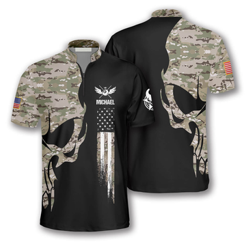 Custom Skull Camouflage Custom Billiard Jerseys for Men, Idea Gift for Billiard Player, Skull Zipper Polo Shirt