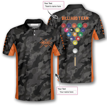 Custom 3D All Over Print Orange Grey Camouflage Custom Billiard Shirts For Men, Perfect Shirt For Billiard Player