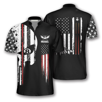 Custom Punisher Skull Flag Custom Billiard Jerseys for Men, Flag USA Billiard Shirt, Skull Zipper Polo Shirt