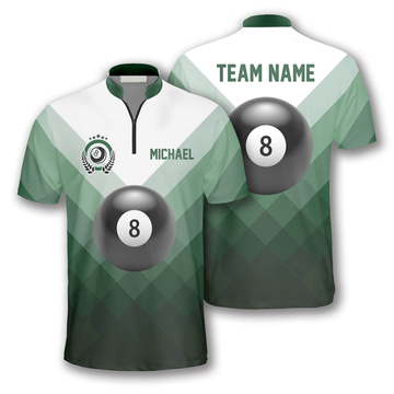Custom Ball 8 Green Sports Style Custom Billiard Jerseys for Men, Zipper Polo Shirt Billiard Jersey Shirt