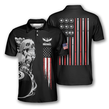 Custom Billiards Skull American Flag Patriotic Custom Billiard Shirts for Men, Flag Shirt, Billiard Polo Shirt