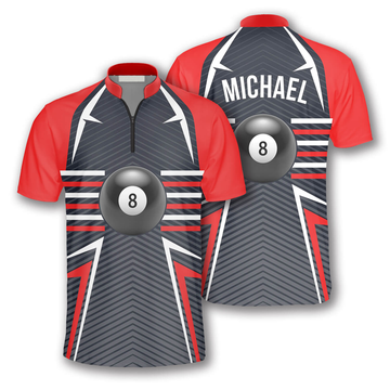 Custom Ball 8 Red Grey Custom Billiard Jerseys for Men, Zipper Polo Shirt Billiard Jersey Shirt