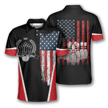 Custom Vintage Bowling American Flag Label Custom Bowling Polo Shirts for Men