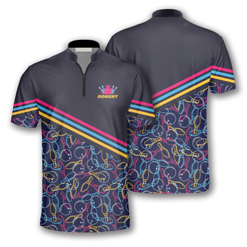 Custom Zipper Polo Shirt Bowling Pattern In Navy and Black Custom Bowling Jerseys for Men, Cool Shirt for Bowling Lover