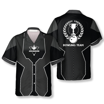 Custom Black Sports Style Trophy Emblem Custom Bowling Hawaiian Shirt, Uniform Shirt for Team Bowling