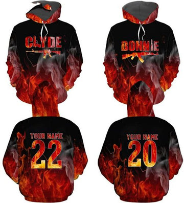 FUNSTUFFPRINT Personalized Clyde Bonnie Couple 3D All Over Hoodie Fire 3D Hoodie and Zip Hoodie