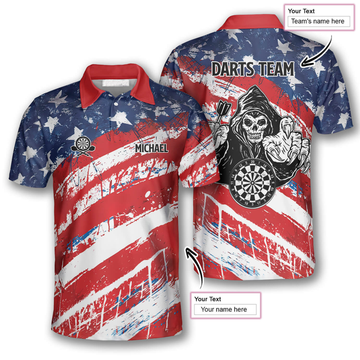 Custom American Flag Water Color Custom Darts Polo Shirts for Men, Dart Skull Shirt