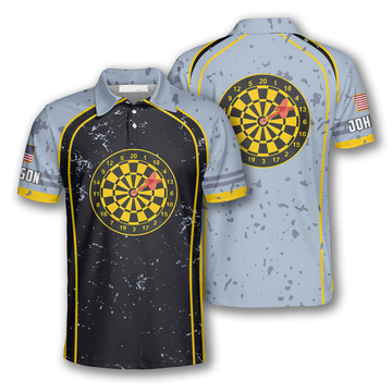 Custom Darts Grunge Style Yellow Dart Board Custom Polo Shirts for Men, USA Dart Player