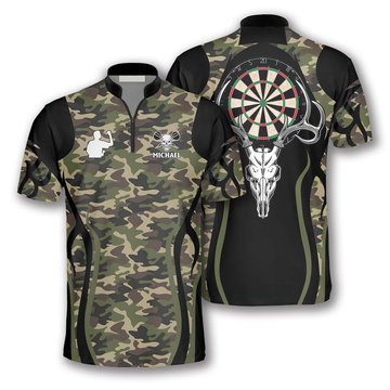 Custom Bull Skull Camo Custom Darts Jerseys for Men, Skull Dartboard Zipper Polo Shirt
