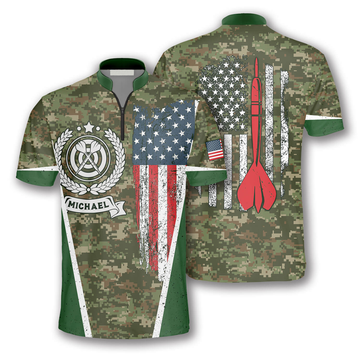Custom USA Flag Camouflage Emblem Custom Darts Jerseys for Men, Dart Shirt, Flag Zipper Polo Shirt