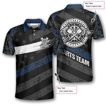 Custom Passionate Blue Camo Custom Darts Shirts for Men, Personalized American Flag Dart Polo Shirt